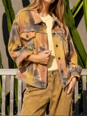 POL Multi-Color Washed Tie-Dye Denim Jacket - Yellow, Brown, Black NWOT